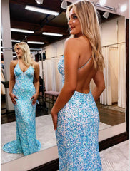 Mermaid / Trumpet Prom Dresses Sexy Dress Formal Court Train Sleeveless V Neck Sequined Backless with Sequin
