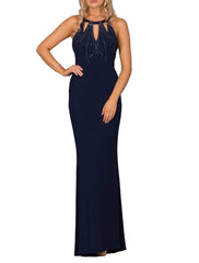 Sheath / Column Bridesmaid Dress Halter Neck Sleeveless Elegant Sweep / Brush Train Lace with Beading - RongMoon