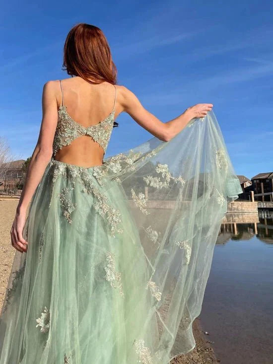 Exquisite green tulle backless lace long prom dress green tulle formal dress Floor Length - RongMoon