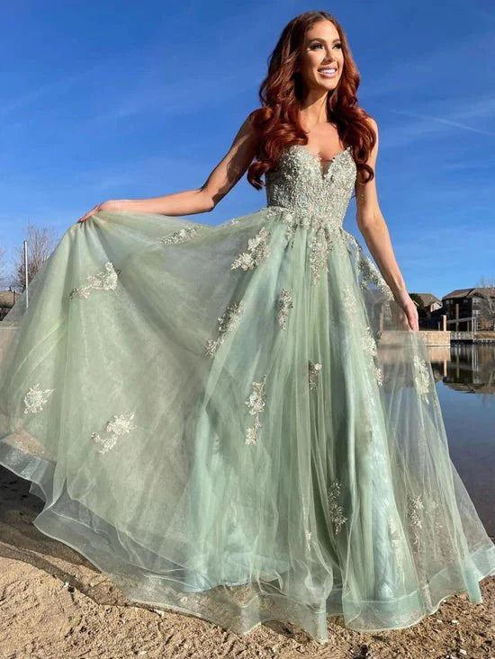 Exquisite green tulle backless lace long prom dress green tulle formal dress Floor Length - RongMoon