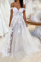 A Line Off The Shoulder Lace Tulle Long Wedding Dress