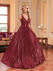 Burgundy V Neck A Line Sequin Party Prom Dress