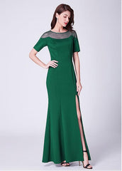 Cotton Jewel Long Green Mermaid Formal Dress With Slit