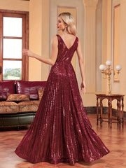 Burgundy V Neck A Line Sequin Party Prom Dress