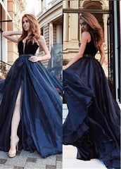 Organza V-neck Blue Long A-line Evening Prom Dress