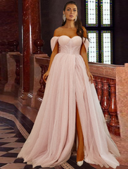 A-Line Prom Dresses Corsets Dress Prom Sweep / Brush Train Short Sleeve Off Shoulder Tulle with Glitter Pleats Slit
