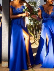 A-Line Bridesmaid Dress V Neck Sleeveless Elegant Floor Length Chiffon / Lace with Split Front / Solid Color - RongMoon