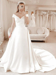 Ruched V Neck Princess Satin Wedding Dress