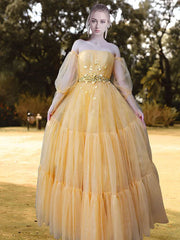 Yellow Long Sleeve Beading Tulle Prom Dress