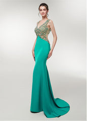 Stretch Satin V-neck Green Mermaid Prom Dress