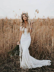 Beach Boho Wedding Dresses Chapel Train Mermaid / Trumpet Cap Sleeve Off Shoulder Lace With Appliques Solid Color