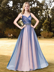 Champagne Tulle Spaghetti Straps A Line Prom Dress