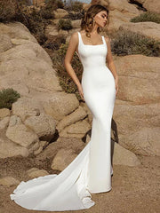 Beach Open Back Casual Wedding Dresses Court Train Mermaid / Trumpet Sleeveless Square Stretch Fabric With Buttons Solid Color 2023 Spring & Summer Bridal Gowns