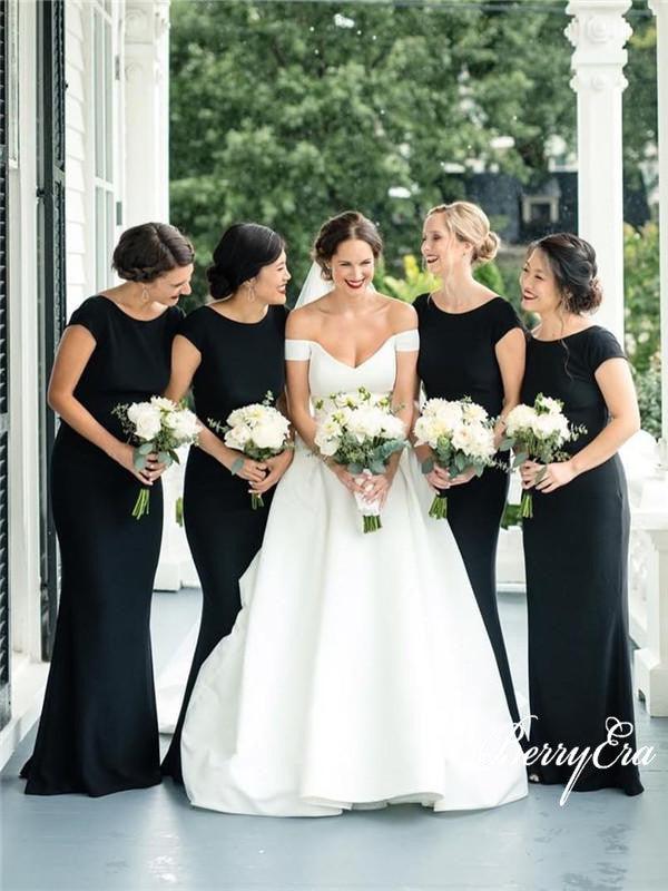 Cap Sleeves Long Mermaid Black Jersey Bridesmaid Dresses, Long Bridesmaid Dresses, Cheap Bridesmaid Dresses - RongMoon