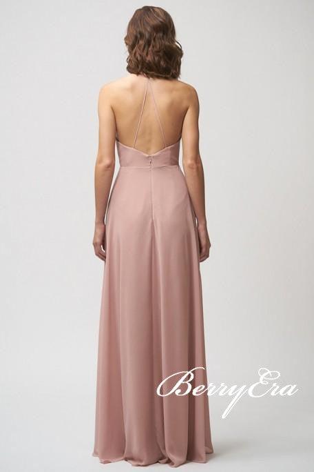 V-neck Hi-low Blush Pink Chiffon Bridesmaid Dresses, Long Bridesmaid Dresses, Bridesmaid Dresses - RongMoon