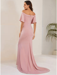Mermaid / Trumpet Maternity Dresses Maternity Dress Formal Court Train Short Sleeve Off Shoulder Stretch Fabric with Ruched Pure Color