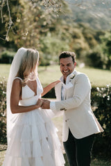A Line Deep V Neck  Tiered Floor Length Long Wedding Dress
