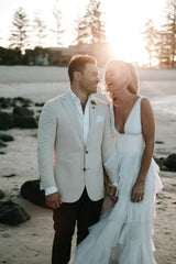 A Line Deep V Neck  Tiered Floor Length Long Wedding Dress