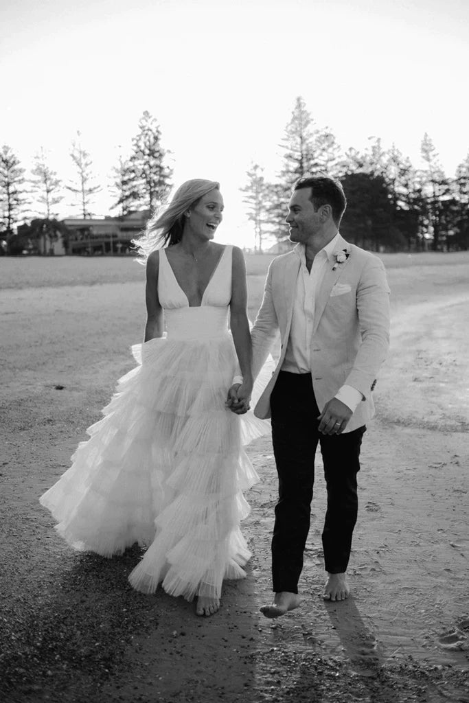 A Line Deep V Neck  Tiered Floor Length Long Wedding Dress