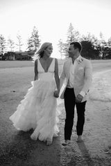 A Line Deep V Neck  Tiered Floor Length Long Wedding Dress
