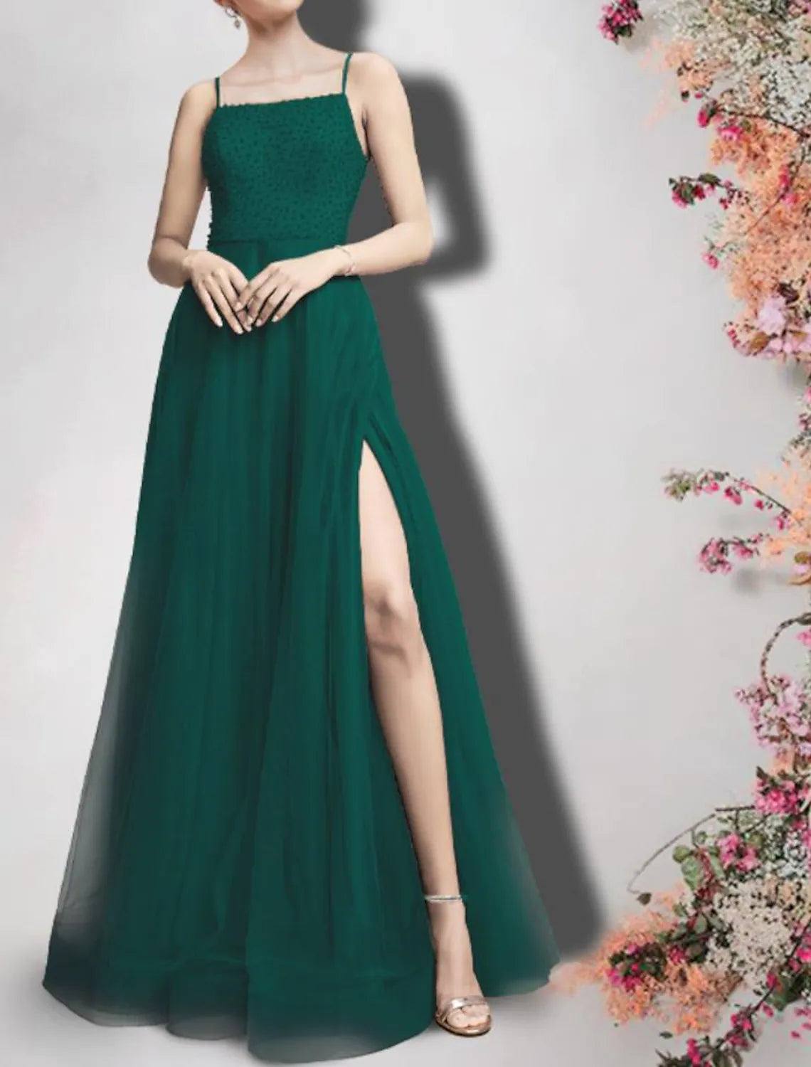A-Line Bridesmaid Dress Spaghetti Strap Sleeveless Sexy Floor Length Satin / Tulle with Beading / Split Front - RongMoon