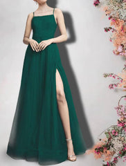 A-Line Bridesmaid Dress Spaghetti Strap Sleeveless Sexy Floor Length Satin / Tulle with Beading / Split Front - RongMoon
