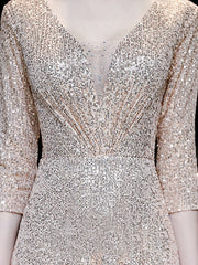 A-Line Prom Dresses Sparkle Dress Engagement Floor Length 3/4 Length Sleeve V Neck Sequined with Pleats Sequin