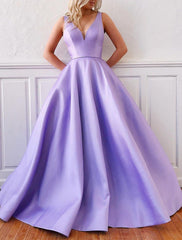 A-Line Prom Dresses Princess Dress Formal Floor Length Sleeveless V Neck Satin Backless with Pleats