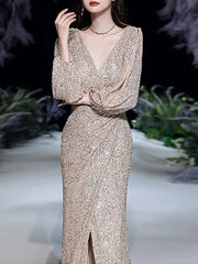 Gold Long Sleeve Sequin Prom Dress With Slit