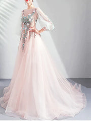 Long Sleeve Tulle Floral A Line Prom Dress