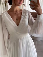V Neck Tea Length Chiffon Long SleeveWedding Dress