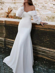 Garden / Outdoor Mermaid / Trumpet Wedding Dresses Sweep / Brush Train Simple Casual Long Sleeve Off Shoulder Satin With Ruched 2023 Bridal Gowns / Reception / Open Back - RongMoon