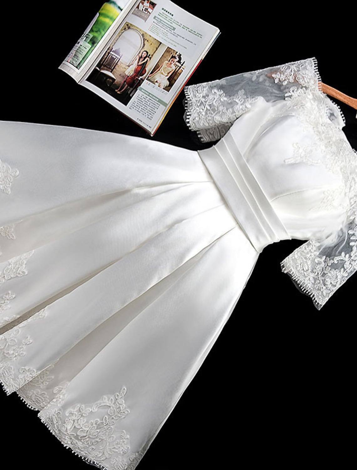 A-Line Bridesmaid Dress Off Shoulder Short Sleeve Elegant Short / Mini Satin with Lace - RongMoon