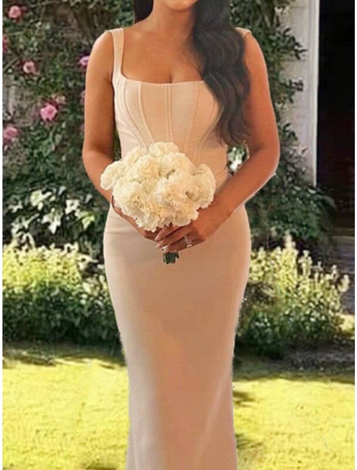 Sheath / Column Bridesmaid Dress Square Neck Sleeveless Elegant Sweep / Brush Train Satin with Solid Color - RongMoon