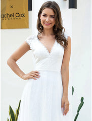 Beach Wedding Dresses Floor Length A-Line Cap Sleeve V Neck Lace With Lace