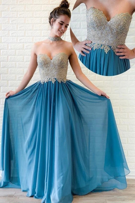 Champagne Blue A Line Chiffon Sweetheart Appliques Prom Dress