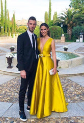 Yellow V Neck Satin Floor Length Prom Dress With Belt