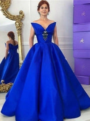 Royal Blue Satin Beading Sweetheart Ball Gown Prom Dress