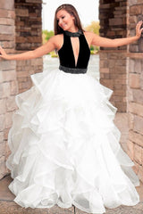 High Neck Keyhole White And Black Ruffles Prom Dress