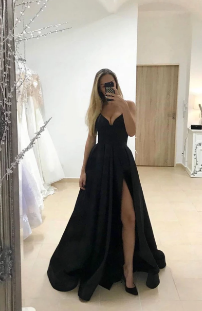 Strapless Black Satin A Line Prom Dress With Slit