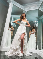 White Sweetheart Ruffles Chiffon A Line Prom Dress With Slit
