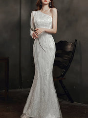 Long Sleeve Sequin Champagne Prom Dress