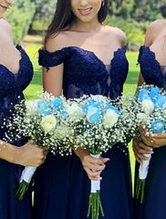 A-Line Bridesmaid Dress Off Shoulder Short Sleeve Elegant Sweep / Brush Train Chiffon / Lace with Pleats / Solid Color A-Line Bridesmaid Dress Off Shoulder Short Sleeve Elegant Sweep / Brush Train Chiffon / Lace with Pleats / Solid Color - RongMoon