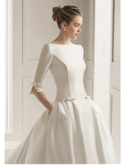 Engagement Formal Wedding Dresses A-Line Scoop Neck Half Sleeve Court Train Satin Bridal Gowns With Bow(s) Pleats