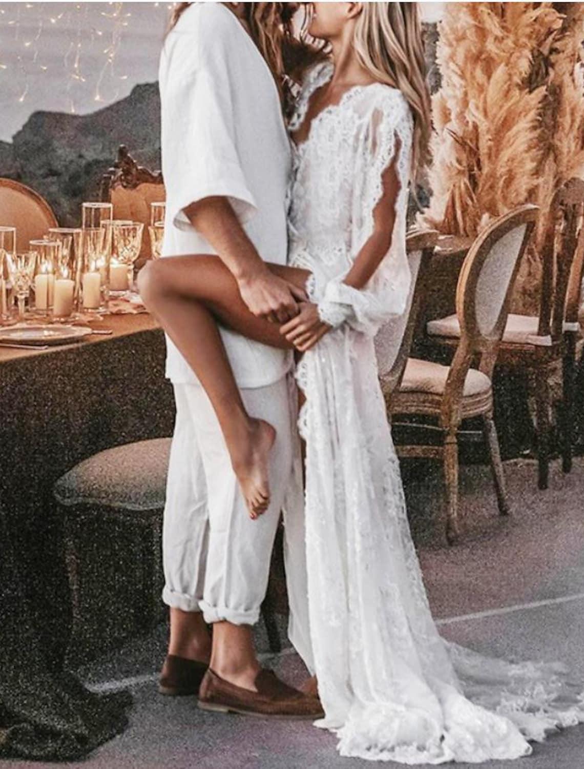 Beach A-Line Wedding Dresses Sweep / Brush Train Boho Sexy Long Sleeve V Neck Lace With Appliques Split Front - RongMoon