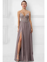 A-Line Prom Dresses Floral Dress Party Wear Floor Length Sleeveless Spaghetti Strap Tulle with Slit