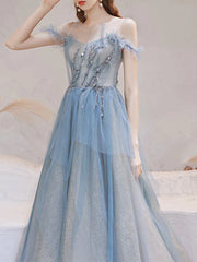 Puffy Blue Tulle Beading Formal Prom Dress