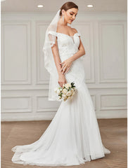 Beach Vintage Wedding Dresses Sweep / Brush Train A-Line Cap Sleeve Off Shoulder Lace With Lace Appliques