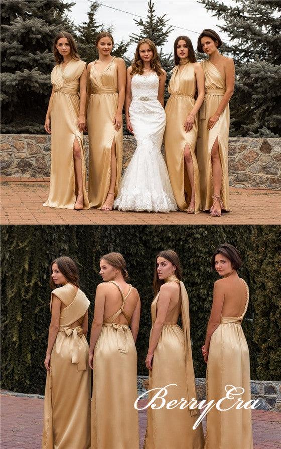 Convertible Long Sheath Gold Elastic Satin Bridesmaid Dresses, Long Bridesmaid Dresses, Bridesmaid Dresses - RongMoon