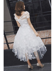Tulle Tea Length Off The Shoulder Wedding Dress with Flowers